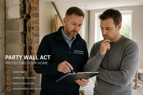 Party wall surveyor Harlow discussing extension plans with homeowner outside a UK semi-detached house.